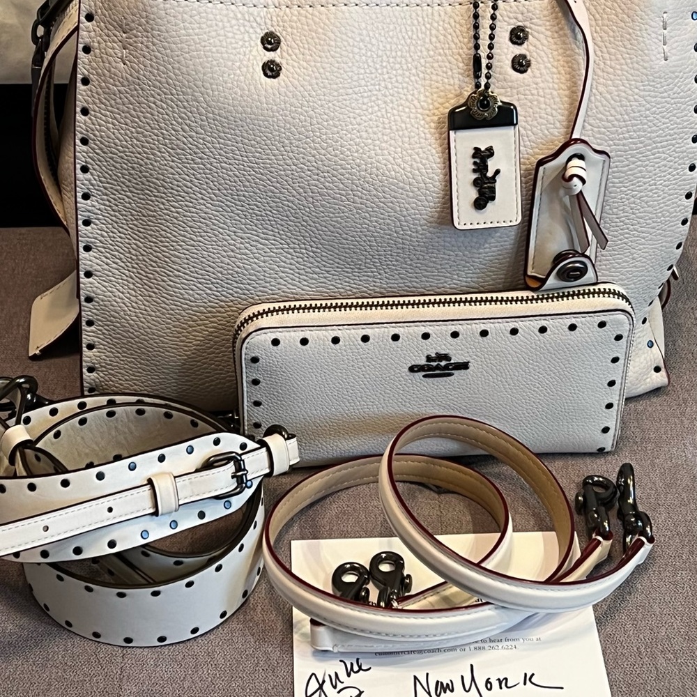 EUC 3-Piece COACH Chalk Border Rivet 1941 Rogue, Wallet and Novelty Strap